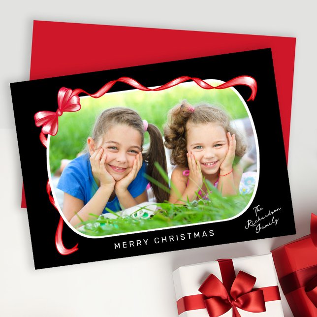 Festive Red Ribbon and Bow Curved Photo Christmas Holiday Card (Creator Uploaded)