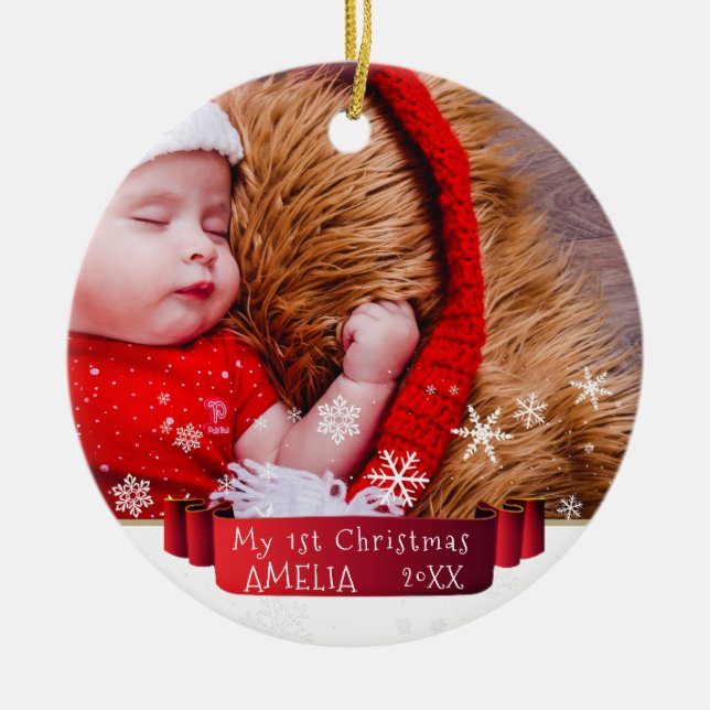 Festive Red Ribbon Baby`s First Christmas Photo Ceramic Ornament (Front)