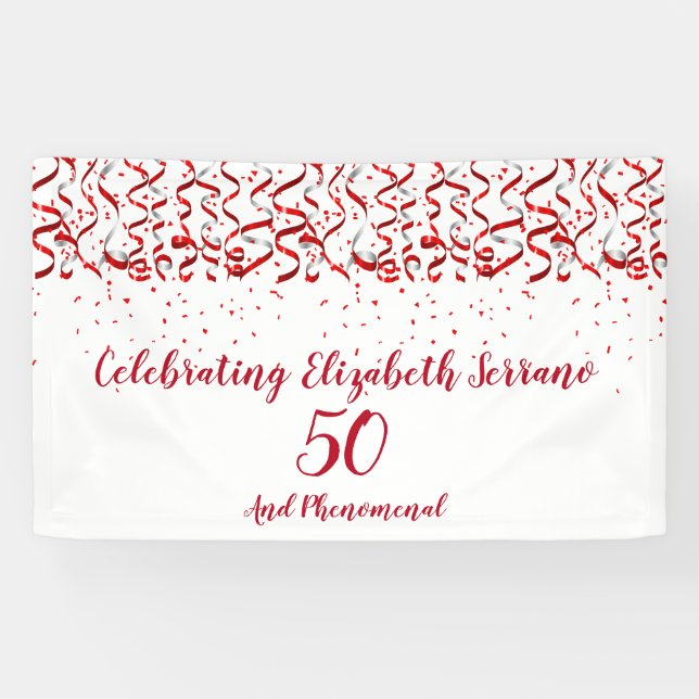 Festive Red Ribbon & Confetti 50th Birthday Party Banner (Horizontal)
