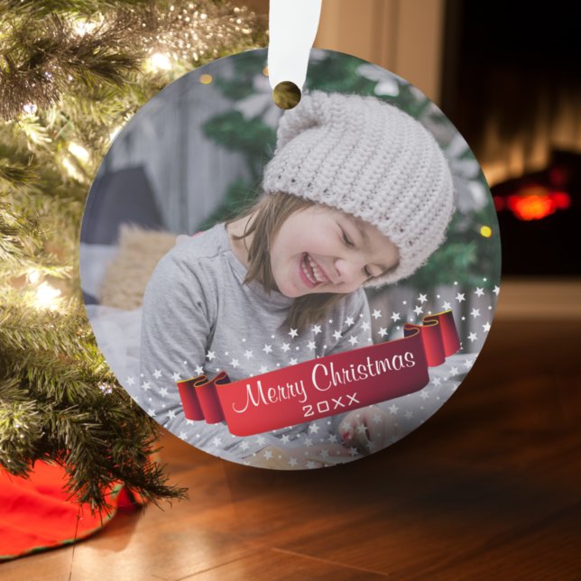 Festive Red Ribbon Photo Christmas Keepsake Ornament (Creator Uploaded)