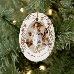 Festive Red Ribbon with Poinsettias and Greenery Ceramic Ornament