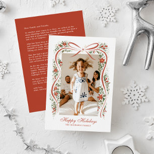Festive Red Ribbon with Poinsettias and Greenery Holiday Card