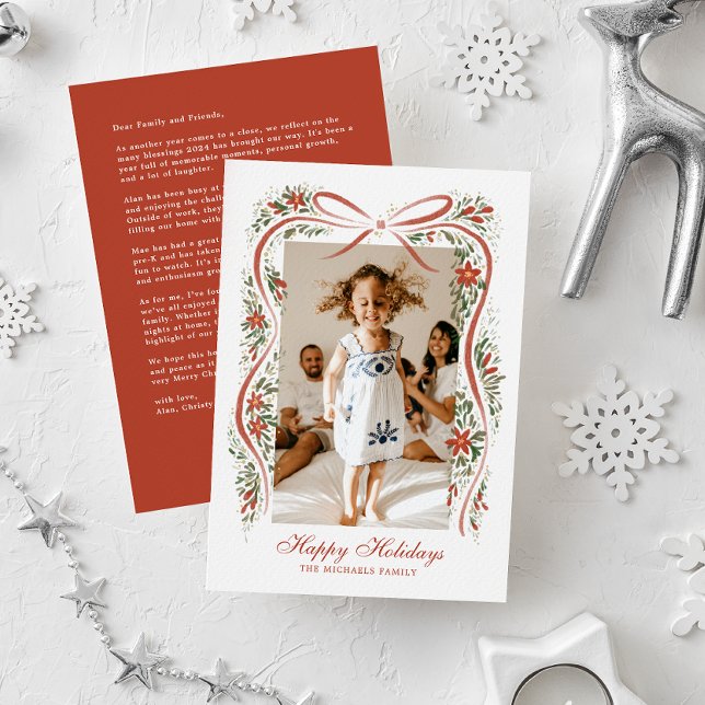 Festive Red Ribbon with Poinsettias and Greenery Holiday Card (Creator Uploaded)