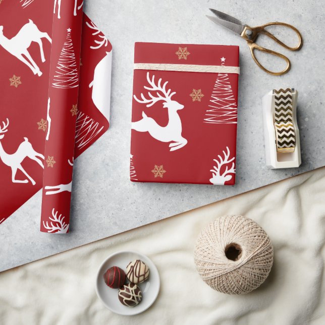 Festive Red Rustic Reindeer Christmas Tree Holiday Wrapping Paper (Crafts)