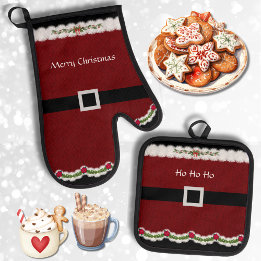 Festive Red Santa Belt Christmas  Oven Mitt & Pot Holder Set