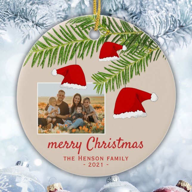 Festive Red Santa Hat Pine Merry Christmas Photo Ceramic Ornament (Creator Uploaded)