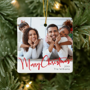 Festive Red Script Merry Christmas Ceramic Ornament