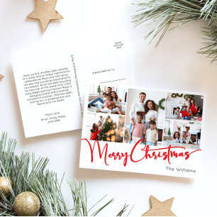 Festive Red Script Merry Christmas five photo Holiday Postcard
