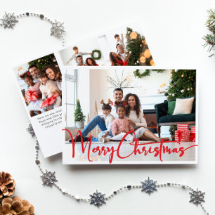Festive Red Script Merry Christmas Four Photo Holiday Card