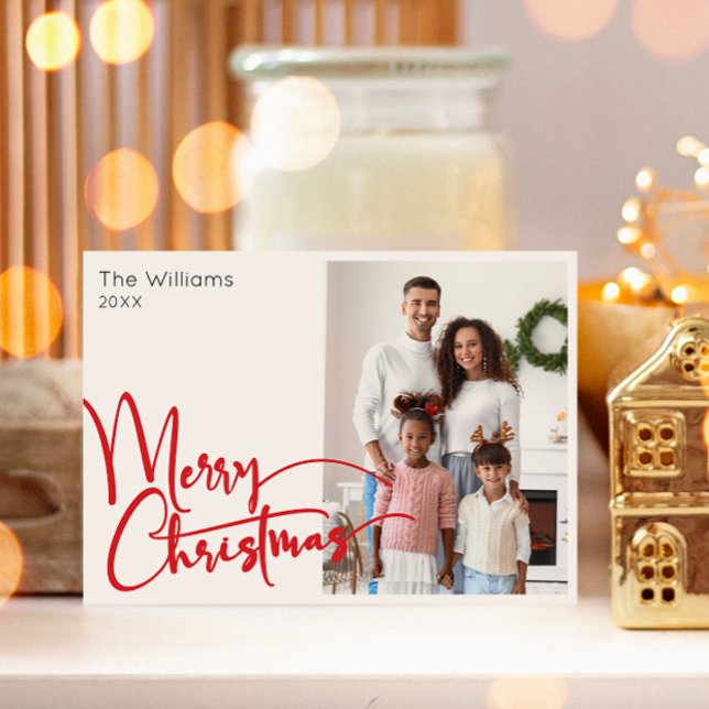 Festive Red Script Merry Christmas One Photo Holiday Card (Creator Uploaded)