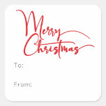 Festive Red Script Merry Christmas To From Square Sticker<br><div class="desc">Celebrate the season with this festive red script Merry Christmas to from square sticker featuring a touch of elegant charm. The chic design showcases a simple red-and-white colour palette, evoking the cosy spirit of winter. Its modern and unique appeal and rustic wording create a perfect balance between seasonal and contemporary....</div>