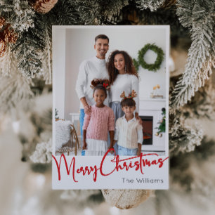 Festive Red Script Merry Christmas Vertical Photo Holiday Card