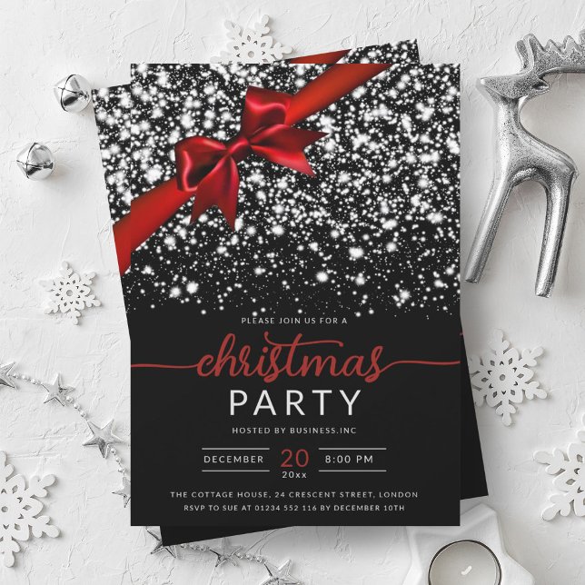 Festive Red Silver Winter Shiny Star Company Xmas  Invitation (Festive Red Silver Winter Shiny Star Company Xmas Invitation)