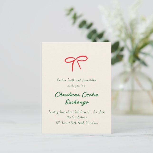 Festive Red Simple Bow Holiday Party Invitation Postcard (Standing Front)