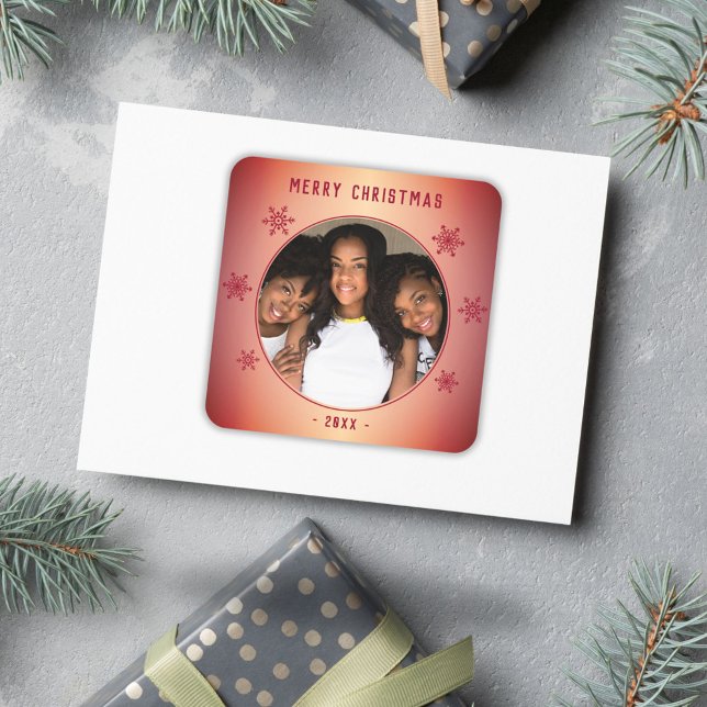 Festive Red Snowflake Metallic Family Photo Square Sticker (Creator Uploaded)