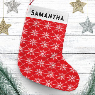 Festive Red Snowflake Pattern Modern Personalised Small Christmas Stocking