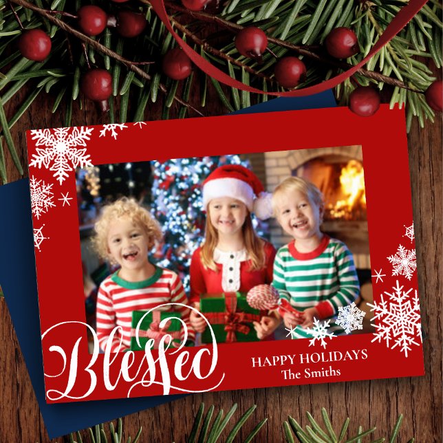 Festive Red Snowflakes Modern Script Simple Photo Holiday Card (Creator Uploaded)