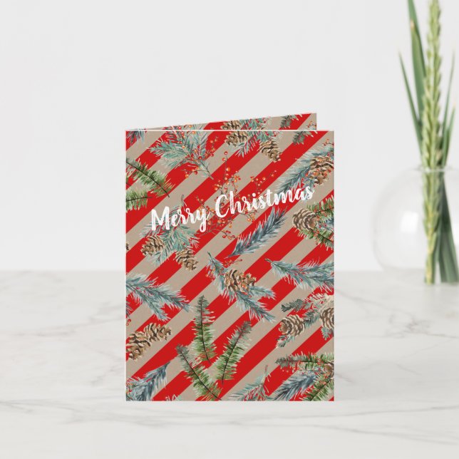 Festive Red Stripe Pine Spruce Cones Kraft Holiday (Front)