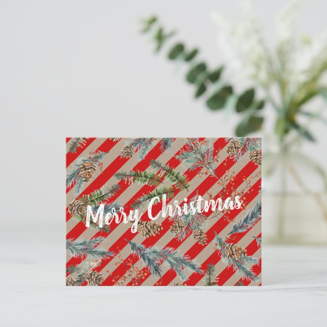 Festive Red Stripe Pine Spruce Cones Kraft Holiday Postcard (Standing Front)