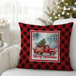 Festive red truck Christmas scene rustic bold  Cushion
