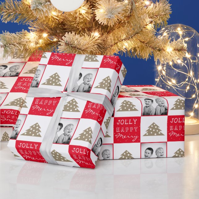 Festive Red Typography Christmas Tree Family Photo Wrapping Paper (Holidays)