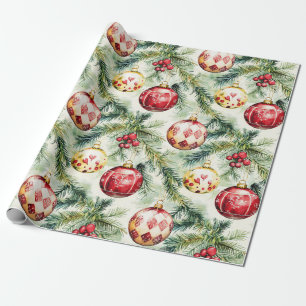 Festive Red Vintage Christmas Ornaments Wrapping Paper