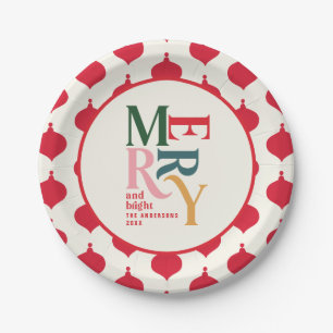 Festive red vintage merry chritsmas holiday party paper plate