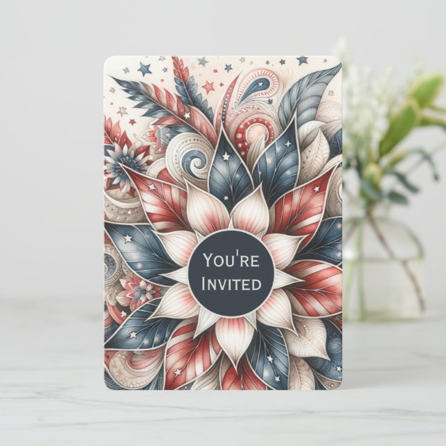 Festive Red White and Blue Party Invitation (Standing Front)