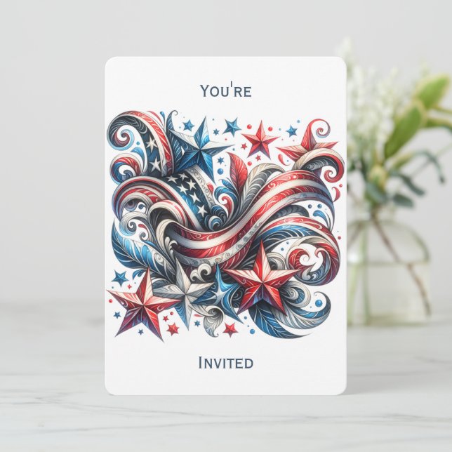 Festive Red White and Blue Party Invitation (Standing Front)