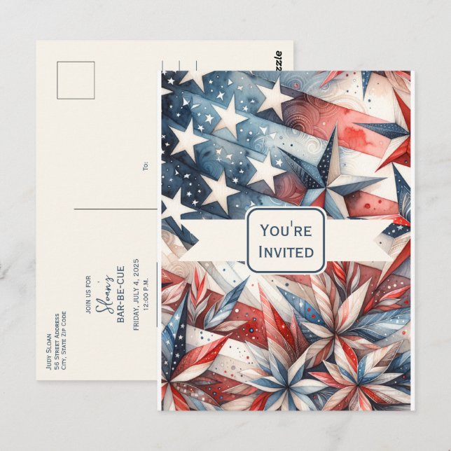 Festive Red White and Blue Party Invitation Postcard (Front/Back)