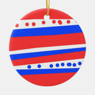 Festive Red White Blue Circles Stripes Ceramic Ornament