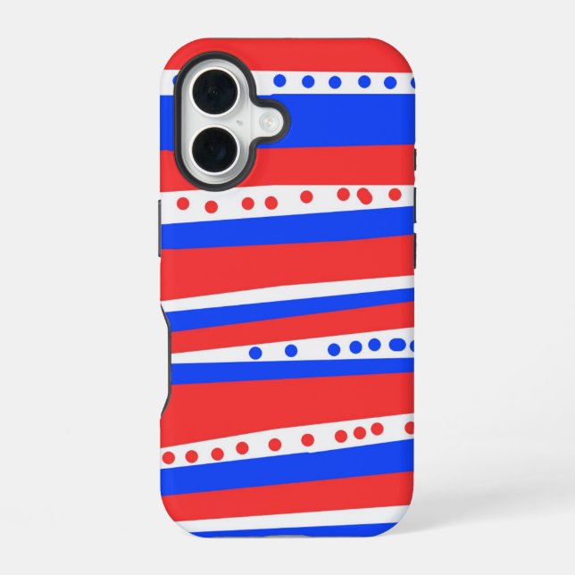 Festive Red White Blue Circles Stripes iPhone 16 Case (Back)