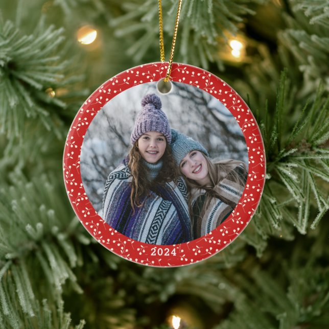 Festive Red White Border Custom Christmas Photo Ceramic Ornament (Tree)
