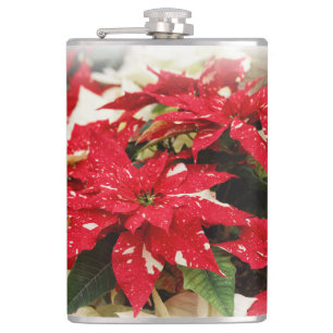 Festive Red White Floral Poinsettia Flowers Hip Flask