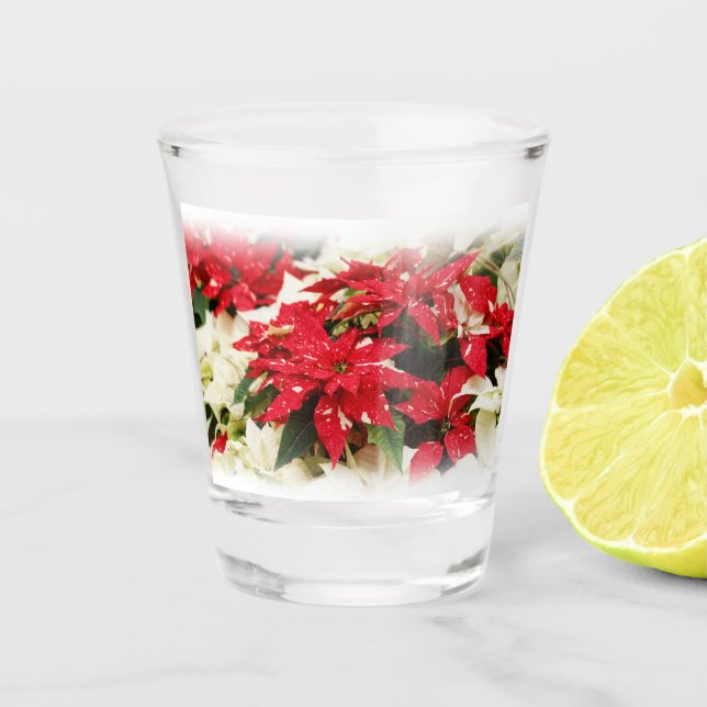 Festive Red White Floral Poinsettia Flowers Shot Glass (Front)