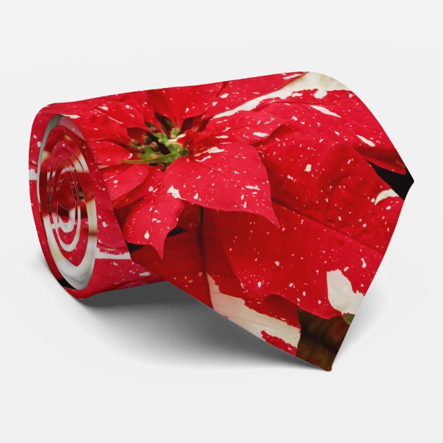 Festive Red White Floral Poinsettia Flowers Tie (Rolled)