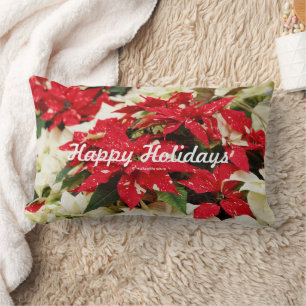 Festive Red White Floral Poinsettias Lumbar Cushion