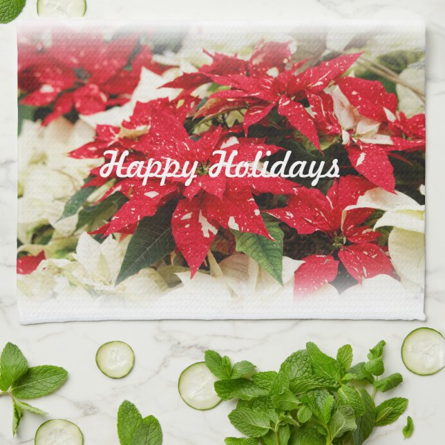 Festive Red White Floral Poinsettias Tea Towel (Folded)