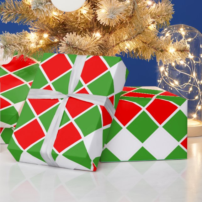 Festive Red White Green Diamond Squares Chequered Wrapping Paper (Holidays)