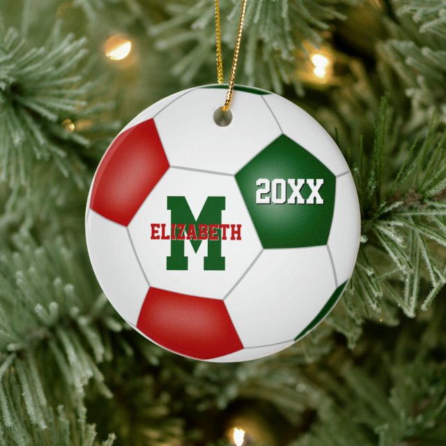 festive red white green girls boys keepsake soccer ceramic ornament (Tree)