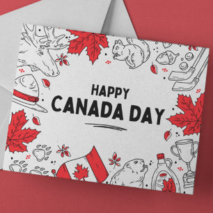 Festive Red-White Illustrative Canadian Symbols Holiday Postcard