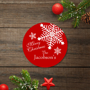 Festive Red White Merry Christmas Snowflakes Classic Round Sticker