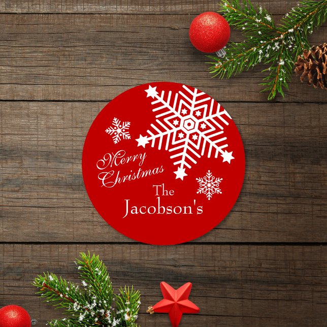 Festive Red White Merry Christmas Snowflakes Classic Round Sticker (Creator Uploaded)