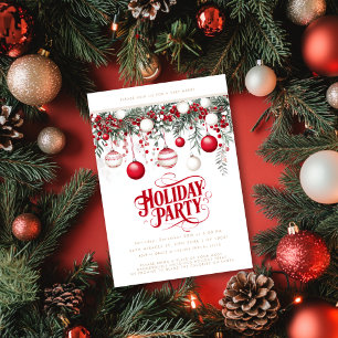 Festive Red White Ornaments Baubles Holiday Party Invitation