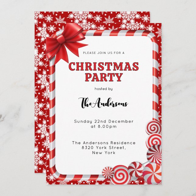 Festive Red White Snowflake Candy  Christmas Party Invitation (Front/Back)