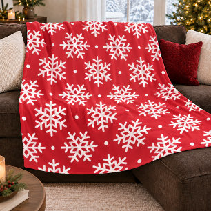 Festive Red White Snowflake Pattern Fleece Blanket