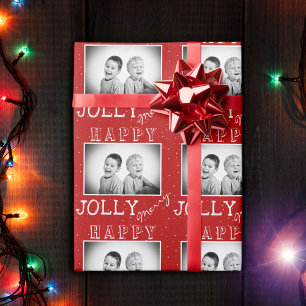 Festive Red White Typography Christmas Photo Wrapping Paper