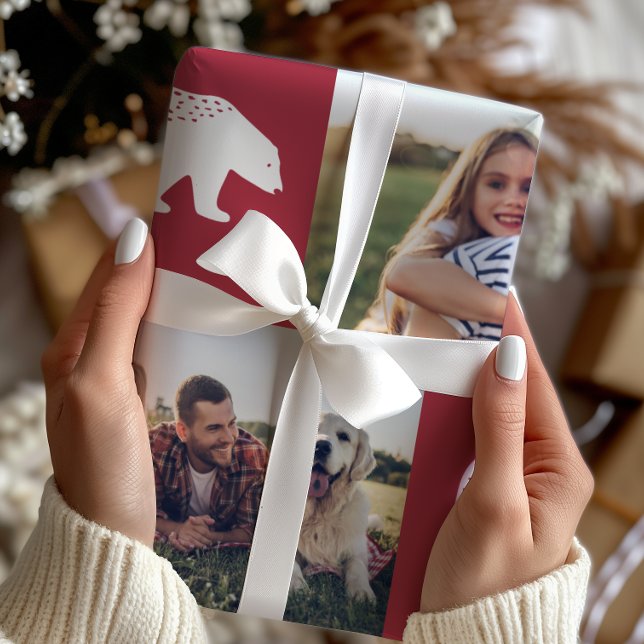 Festive Red Winter Bears Photo Collage Christmas Wrapping Paper (Creator Uploaded)