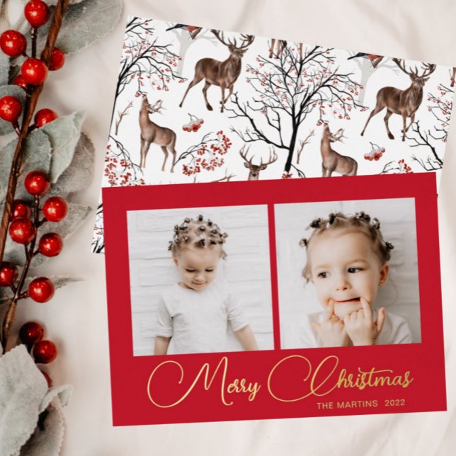 Festive Red Winter Deer Pattern Two Photo Foil Holiday Card (Creator Uploaded)