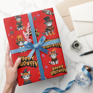 Festive red Witch Cats in Halloween Disguise Wrapping Paper